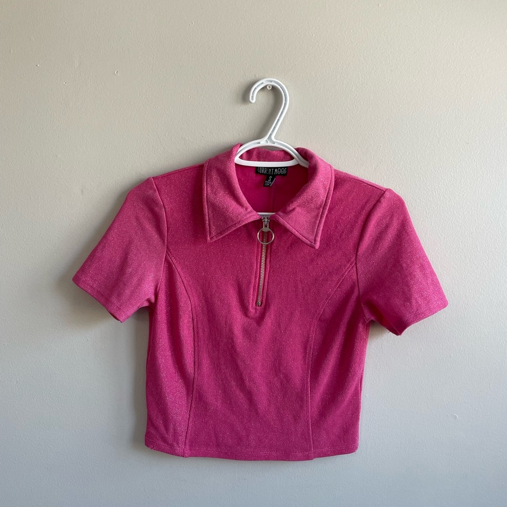 HOT PINK SHORT SLEEVE SKIRT SET DOLLS KILL SILVER ZIPPERS GLITTER STRETCH - Picture 3 of 17